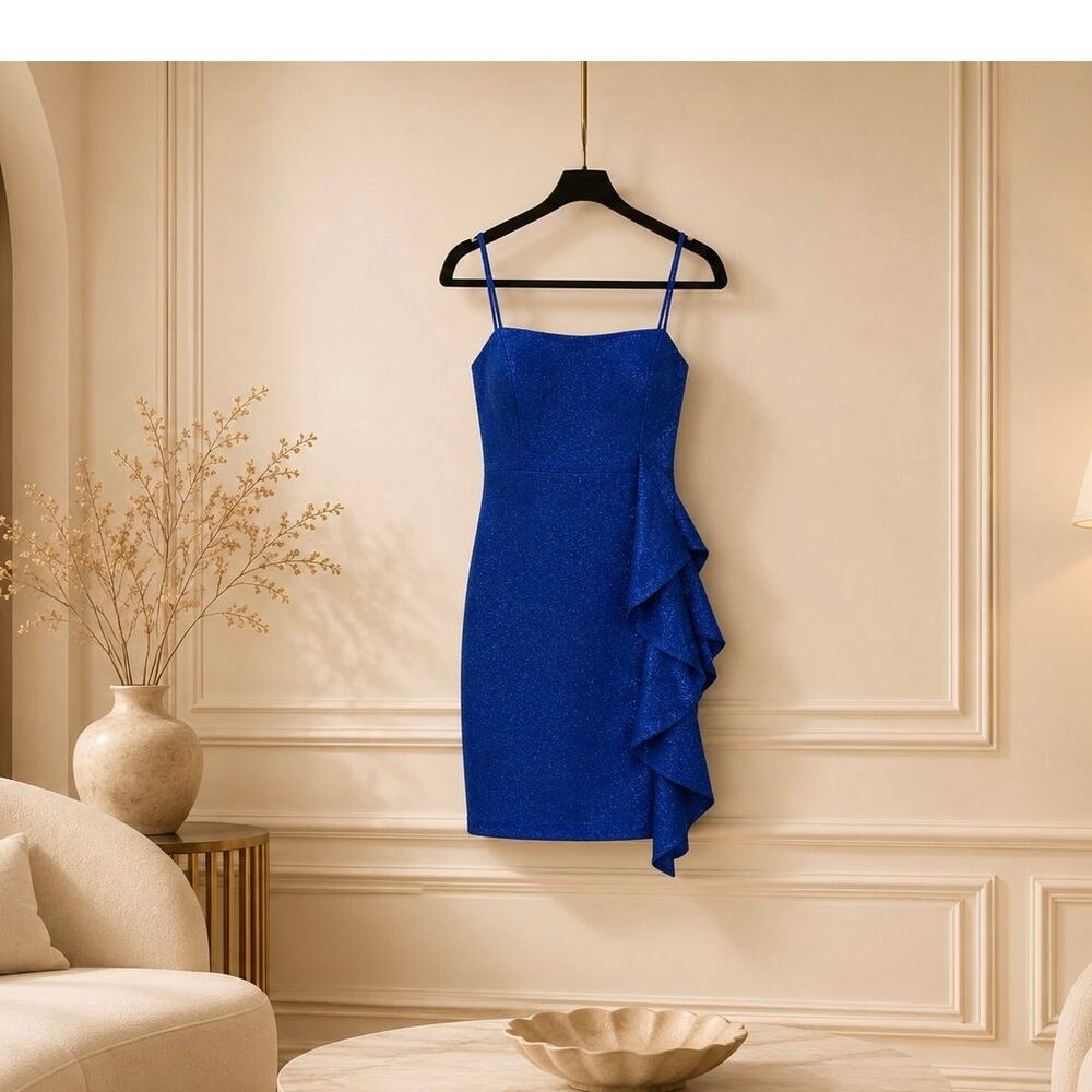 Emerald Sundae Royal Blue Sparkle Bodycon Mini Dress Ruffle Small NWT Cocktail